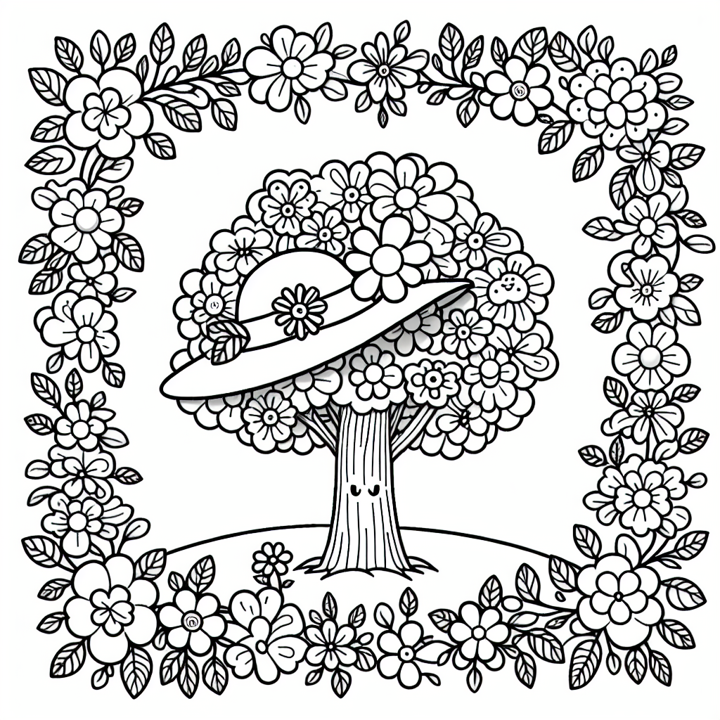 verspielter Blumenschmuckbaum - Tags: Ausmalbild, Bäume, Jahreszeiten, Kinderzeichnung, Natur.