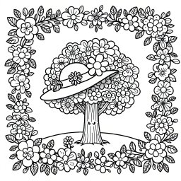 verspielter Blumenschmuckbaum - Tags: Ausmalbild, Bäume, Jahreszeiten, Kinderzeichnung, Natur.