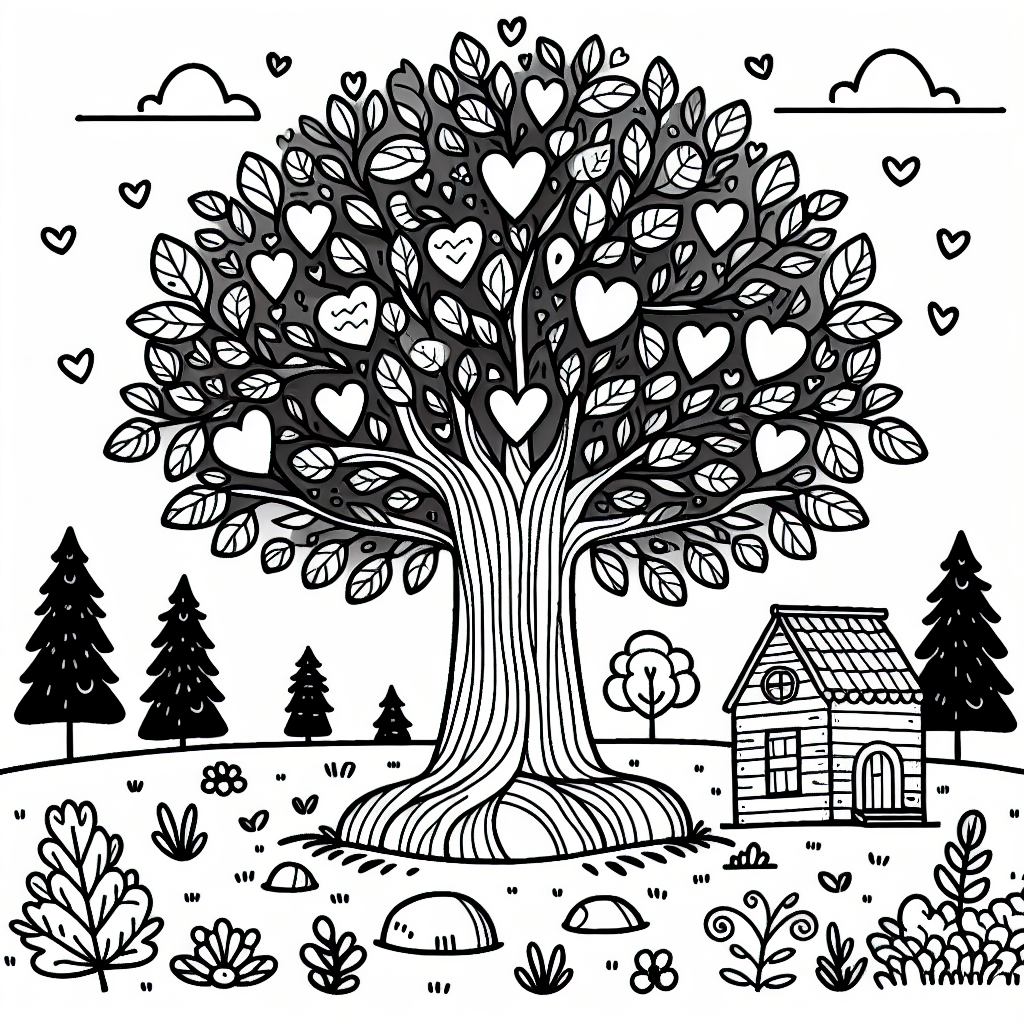 Der friedliche Parkbaum - Baum im Park, Sommermorgen, Ausmalbild Bäume, friedliche Landschaft, herzförmige Blätter