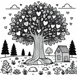 Der friedliche Parkbaum - Baum im Park, Sommermorgen, Ausmalbild Bäume, friedliche Landschaft, herzförmige Blätter