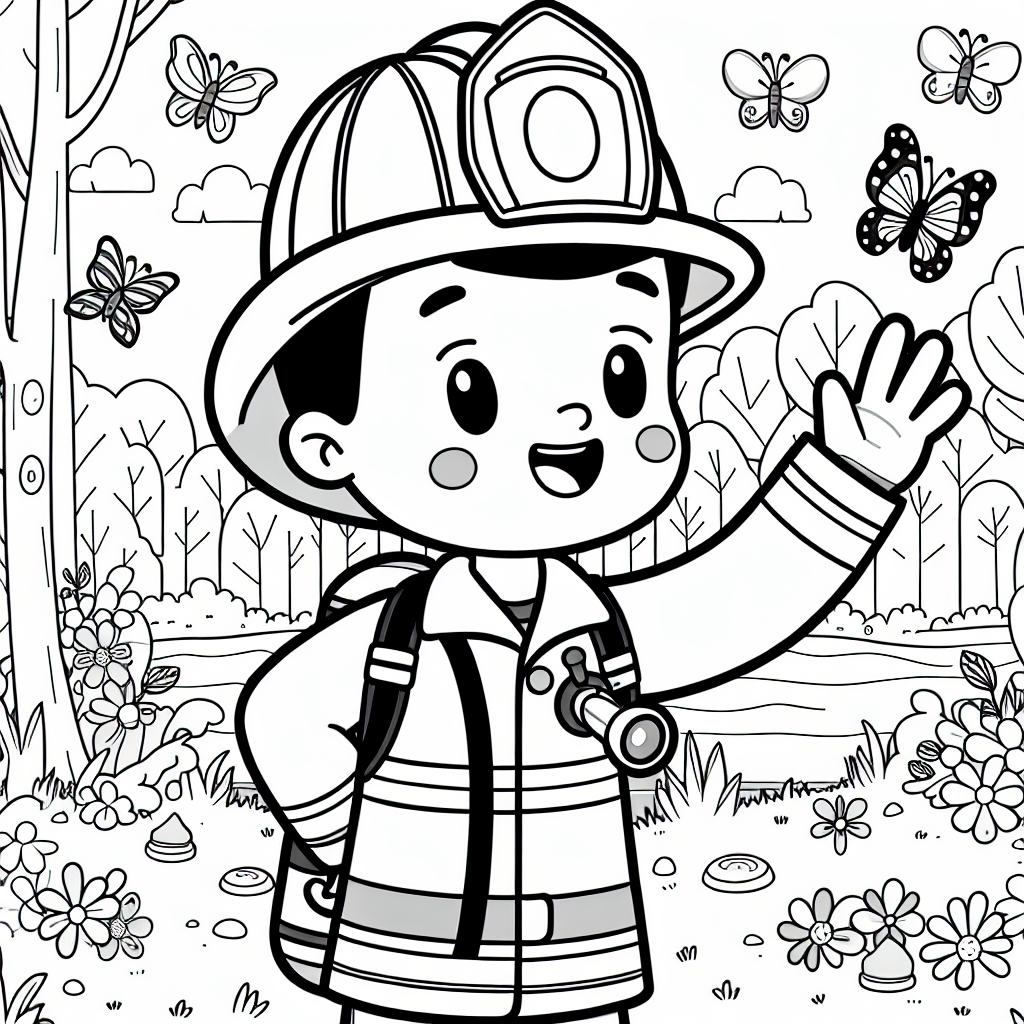 Fröhlicher Beruf im Frühlingswald - Feuerwehrmann, Waldlandschaft, Frühlingstag, Ausmalspaß, Abenteurer