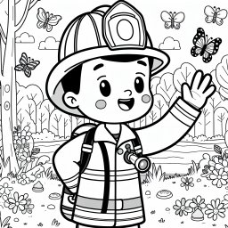 Fröhlicher Beruf im Frühlingswald - Feuerwehrmann, Waldlandschaft, Frühlingstag, Ausmalspaß, Abenteurer