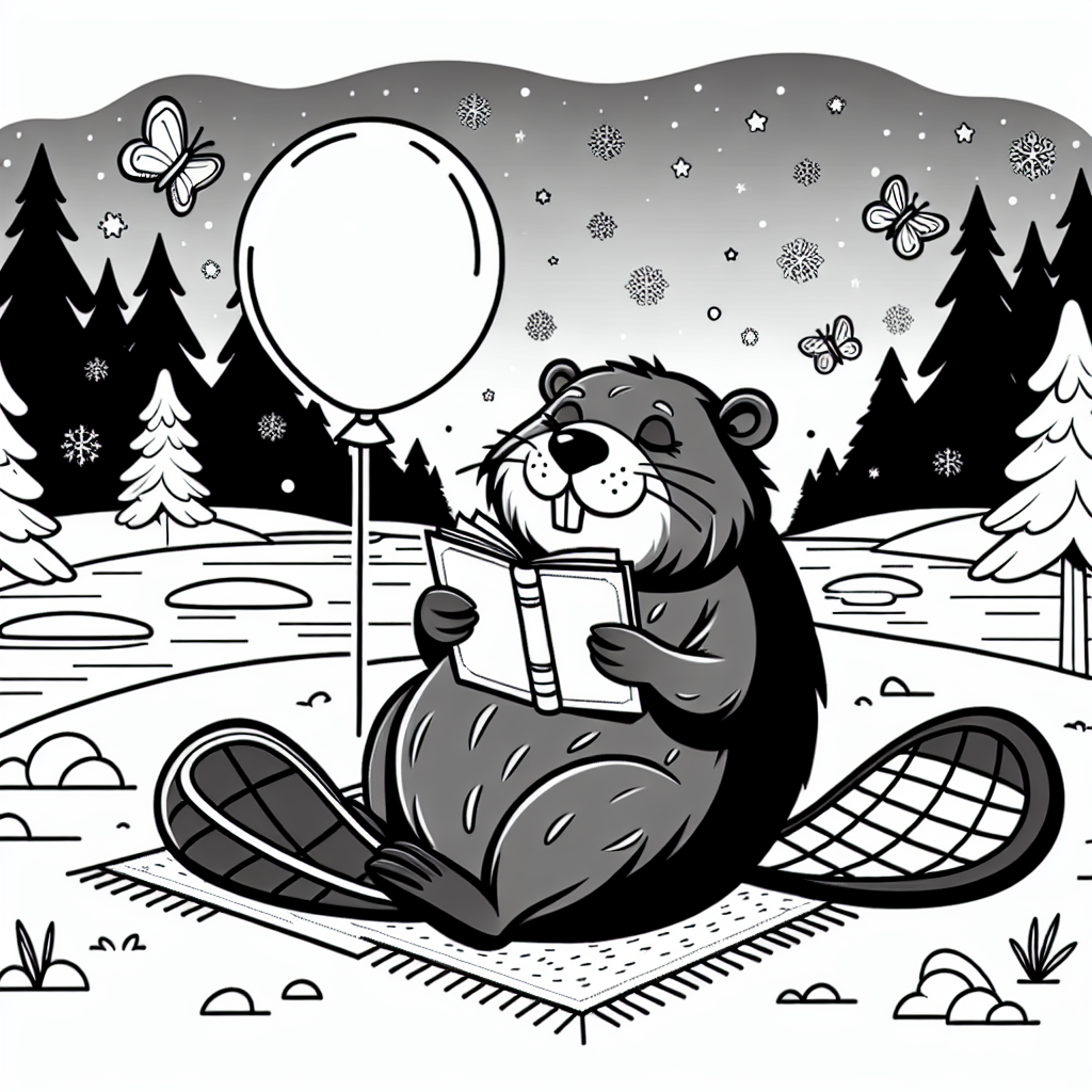 Biber liest ein Buch - Biber, Winterpark, Ausmalbild, Waldtiere, Abendstimmung