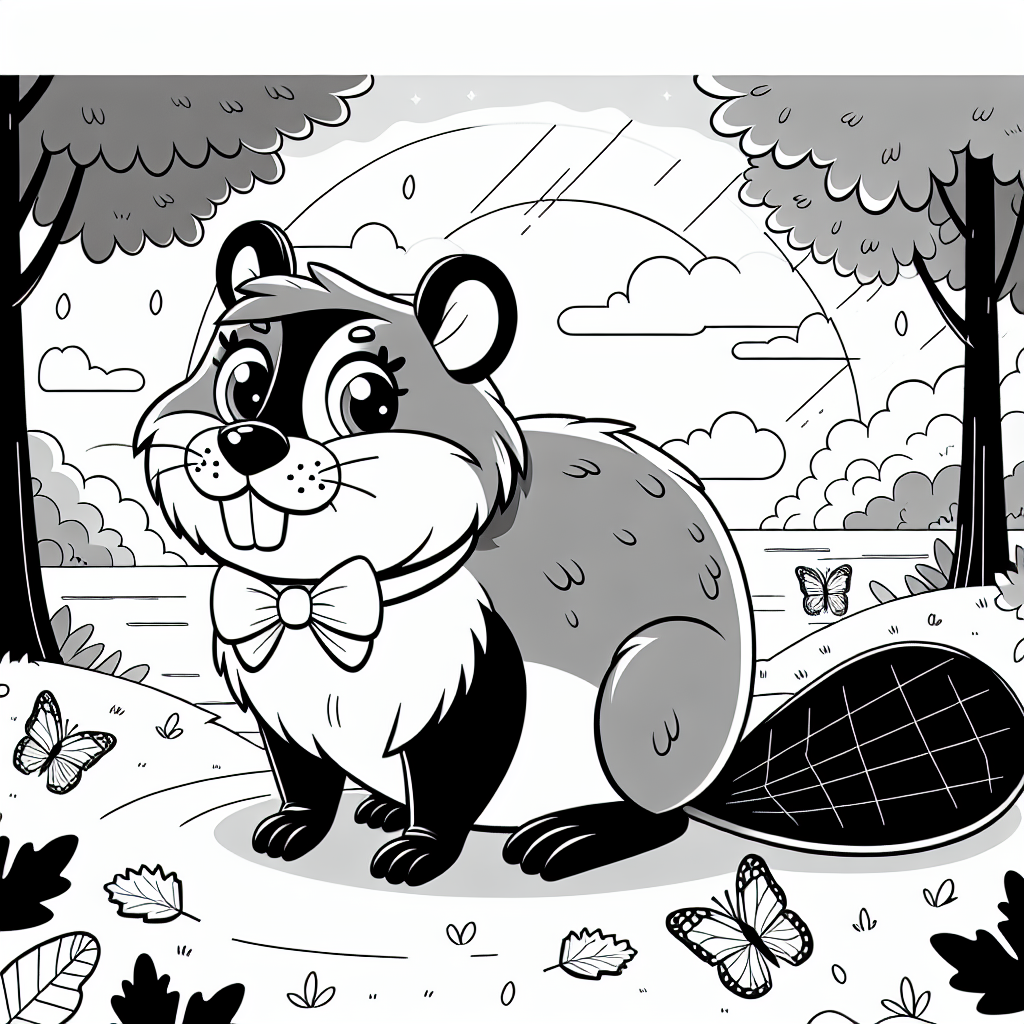 Neugieriger Biber im Herbstpark - Biber, Herbstabend, Ausmalbild, Natur genießen, neugieriger Biber