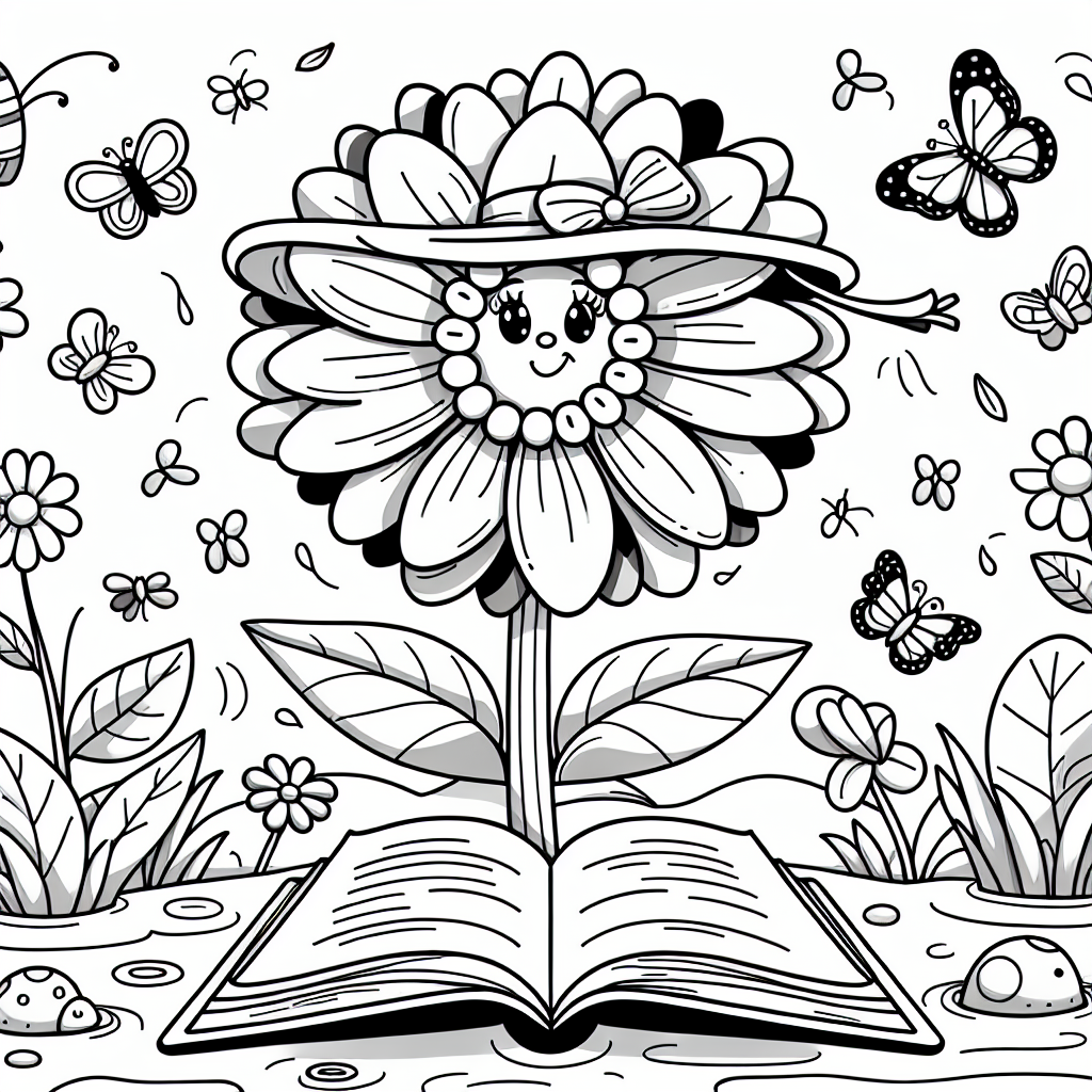 Die mutige Blumenlesestunde - Blume im Buch, Frühlingserwachen, fröhliche Farben, lustige Schmetterlinge, Hut mit Schleife