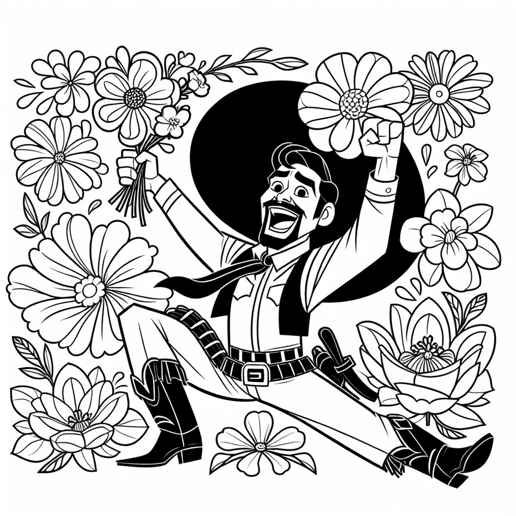 Aufgeregter Cowboy - Tags: Cowboy, Blumen, Cartoon, Ausmalbild, Wilder Westen.