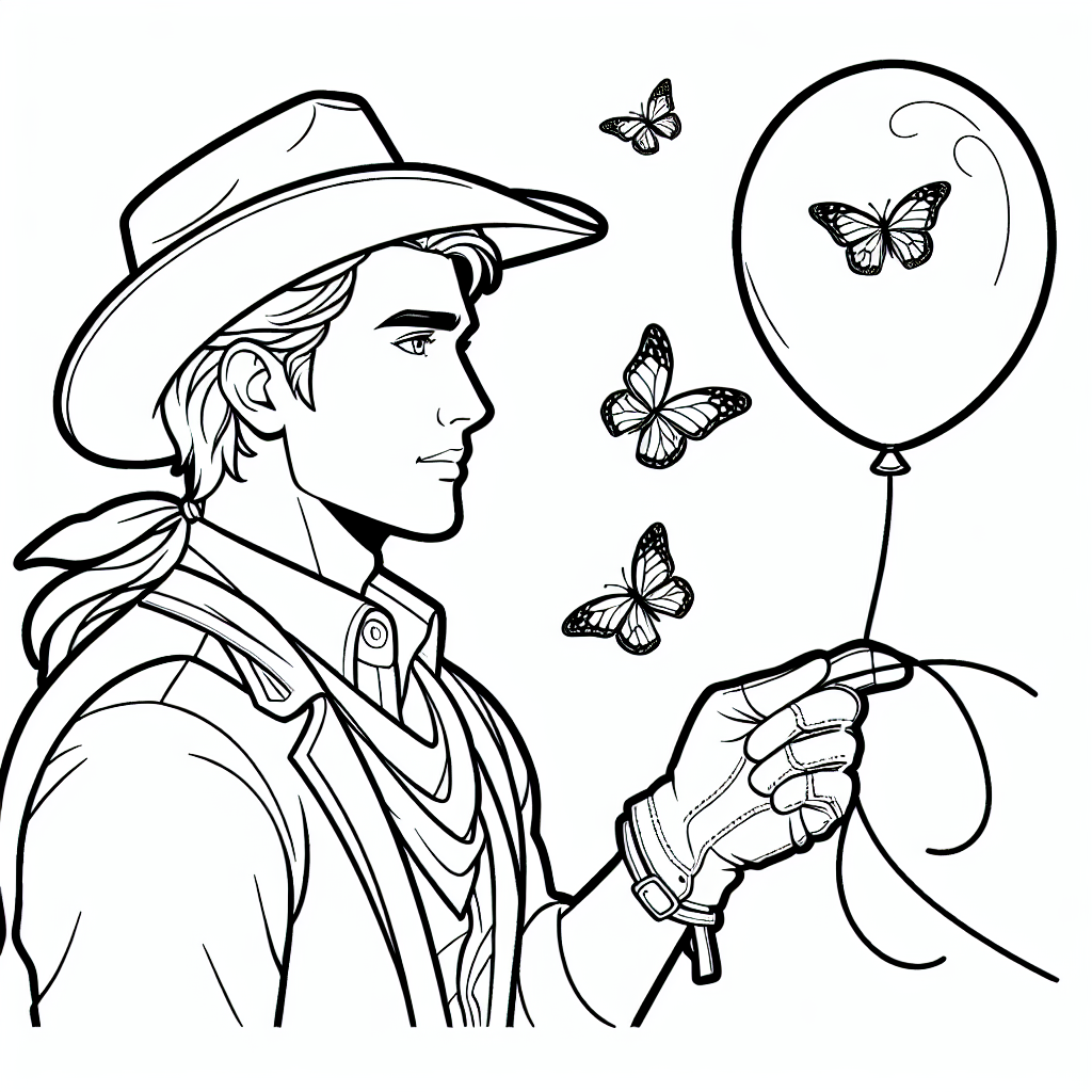 Entspannter Ballon-Cowboy - Tags: Cowboy, Ausmalbild, Ballon, Schmetterlinge, Kinderkunst