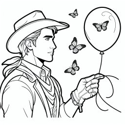 Entspannter Ballon-Cowboy - Tags: Cowboy, Ausmalbild, Ballon, Schmetterlinge, Kinderkunst