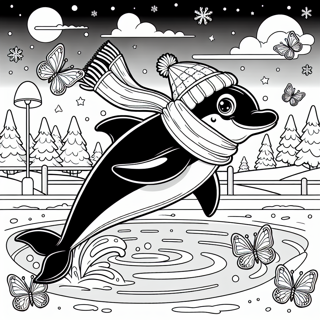 Fröhlicher Delfinspaß - Delfin, springend, Winterabend, Sternenhimmel, Laternenlicht