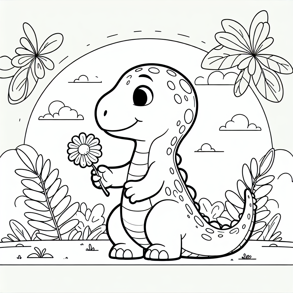 Um dieses Ausmalbild eines niedlichen Dinosauriers besonders schön zu gestalten, kannst du deine Fantasie voll entfalten! Beginne damit, den verspielten Dino mit leuchtenden Farben wie Grün, Blau oder Lila auszumalen – lass ihn in strahlenden Tönen leuchten, so als ob er gerade aus der bunten Urzeit direkt auf dein Papier gesprungen wäre. Überlege, wie die Farbe seiner Schuppen in der Sonne glitzern könnte, und füge vielleicht kleine Punkte oder Streifen hinzu, um ihm ein einzigartiges Muster zu geben.
Die Blume, die der Dino hält, kann in einem kräftigen Rot oder Gelb erstrahlen. Vielleicht möchtest du auch Vulkane im Hintergrund einfügen, die lodernd rot und orange aussehen, um das Bild spannender zu machen und an die feurige Urzeit zu erinnern. Streue kleine Fossilien um den Dino herum – sie könnten in sanften Erdtönen gehalten sein, um einen Kontrast zu den lebendigen Farben des Dinos zu schaffen. Auch Dino-Eier in sanften Pastelltönen könnten im Hintergrund liegen und das Bild abrunden.
Vergiss nicht, den Himmel und den Boden mit großen, breiten Strichen in Hellblau und Erdtönen zu färben, um eine authentische Urzeit-Atmosphäre zu schaffen. Mit diesen kreativen Tipps wird dein Dino-Meisterwerk lebendig!