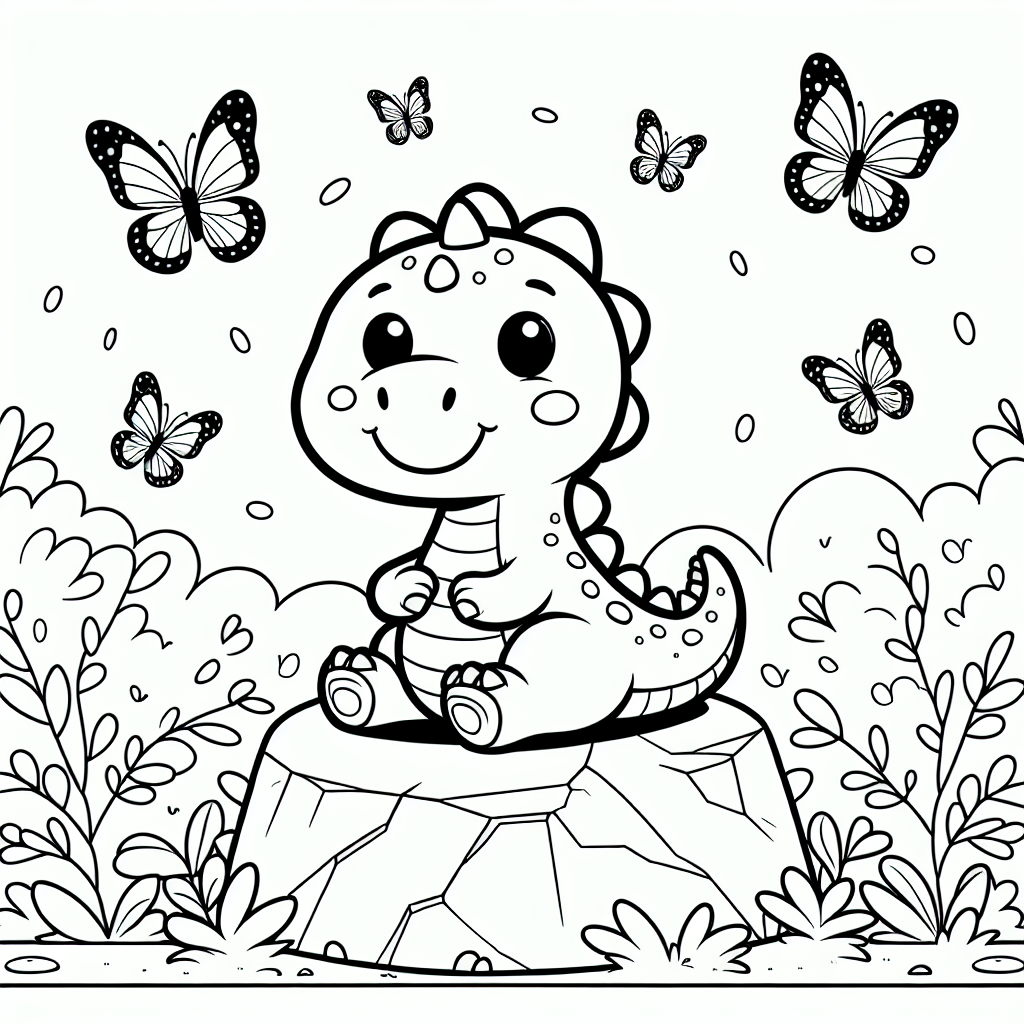 Verspielter Felsenrex - Dinosaurier, Ausmalbild, Urzeit, Schmetterlinge, Kreativität