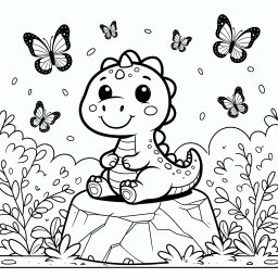 Verspielter Felsenrex - Dinosaurier, Ausmalbild, Urzeit, Schmetterlinge, Kreativität