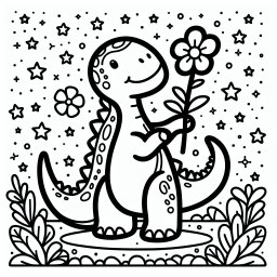 Fröhlicher Blütenrex – Tags: Dinosaurier, Urzeit, Ausmalbild, Riesenechsen, Sterne