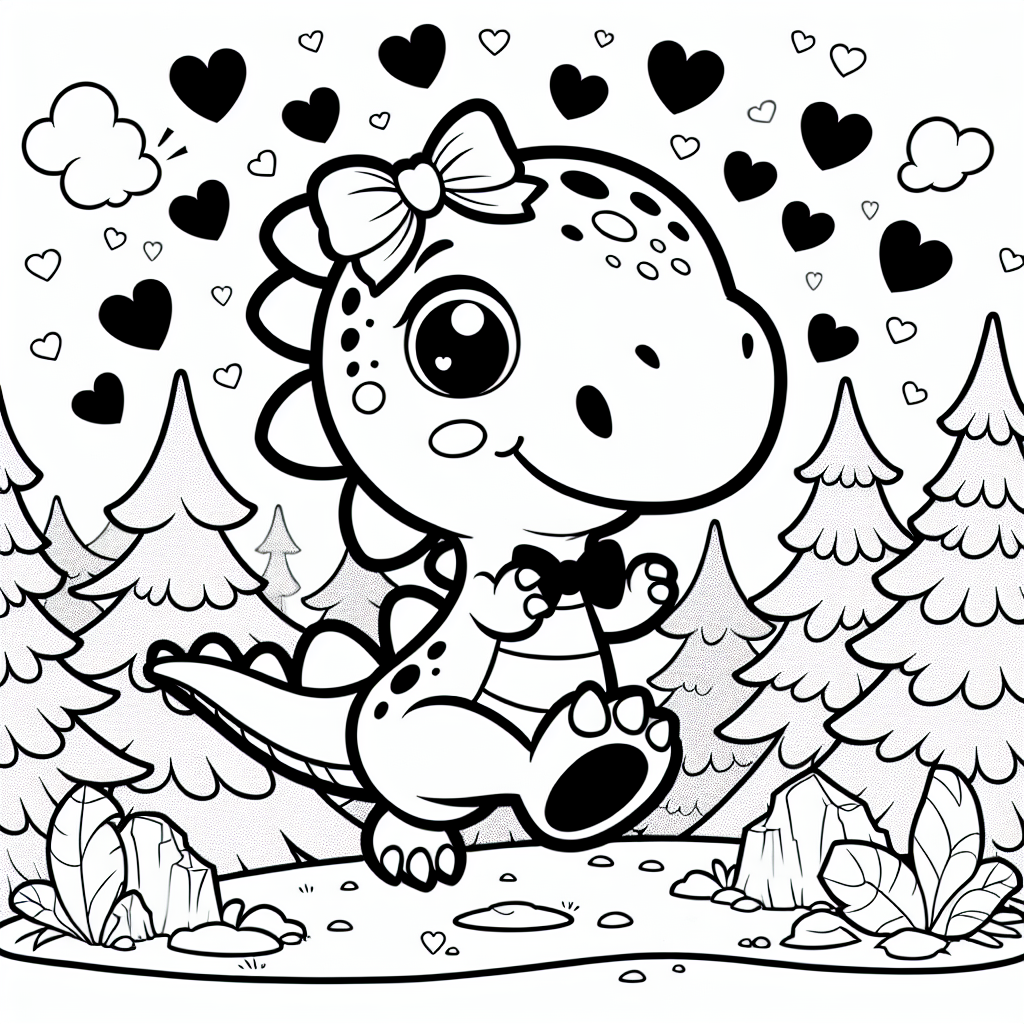 Glücklicher Dinosaurier tanzt - Dinosaurier, Herbstwald, Abenddämmerung, Herzmotive, Schleifenstil