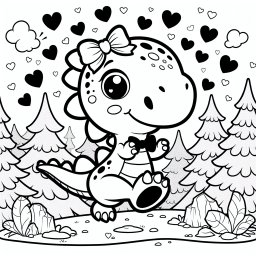 Glücklicher Dinosaurier tanzt - Dinosaurier, Herbstwald, Abenddämmerung, Herzmotive, Schleifenstil