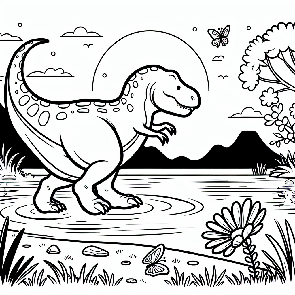 Tanzender Dinosaurier im Abendlicht - Dinosaurier-Ausmalbild, Blume, Sommerabend, Seeufer-Szene, Farbenspiel