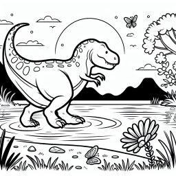 Tanzender Dinosaurier im Abendlicht - Dinosaurier-Ausmalbild, Blume, Sommerabend, Seeufer-Szene, Farbenspiel