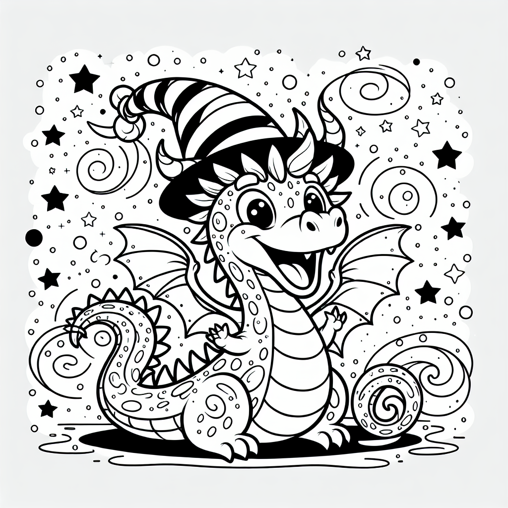 Stell dir vor, du betrittst die magische Welt der Drachen, wo ein ganz besonderer Drache auf dich wartet! Dieser Drache mit einem witzigen Hut ist sehr aufgeregt, denn heute ist der Tag, an dem er zum ersten Mal fliegen lernen soll. Umgeben von funkelnden Sternen, die ihm Glück bringen, bereitet er sich auf das große Abenteuer vor. Aber wusstest du das Geheimnis? Wenn du genau hinsiehst, wirst du merken, dass der Hut des Drachen ein verzauberter Schatz ist! Er wurde in einer versteckten Höhle tief in den Bergen gefunden und soll angeblich die Drachenhaut zum Glänzen bringen, wenn er getragen wird.

Während du den Drachen ausmalst, kannst du die kräftigen Farben seiner Schuppen zum Leuchten bringen. Stell dir vor, wie er über die Berge fliegt, mit Flammen, die aus seinem Mund schießen, um den Weg zu erleuchten. Vielleicht entdeckst du beim Ausmalen noch andere Geheimnisse, die in den klaren Linien versteckt sind, wie kleine funkelnde Edelsteine oder winzige Schätze.

Mach dich bereit, diesen aufgeregten Drachen mit leuchtenden Farben zum Leben zu erwecken und erwecke die Magie der Drachenwelt!