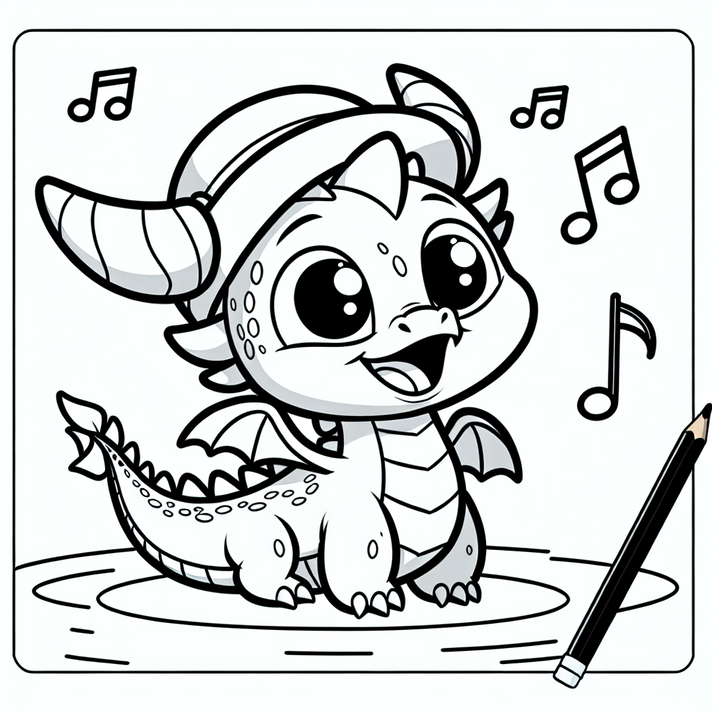 Fröhlicher Notendrachen - Tags: Drachen, Ausmalbild, Fantasie, Musik, Kreativität.