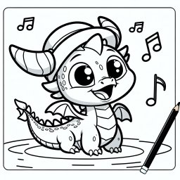 Fröhlicher Notendrachen - Tags: Drachen, Ausmalbild, Fantasie, Musik, Kreativität.