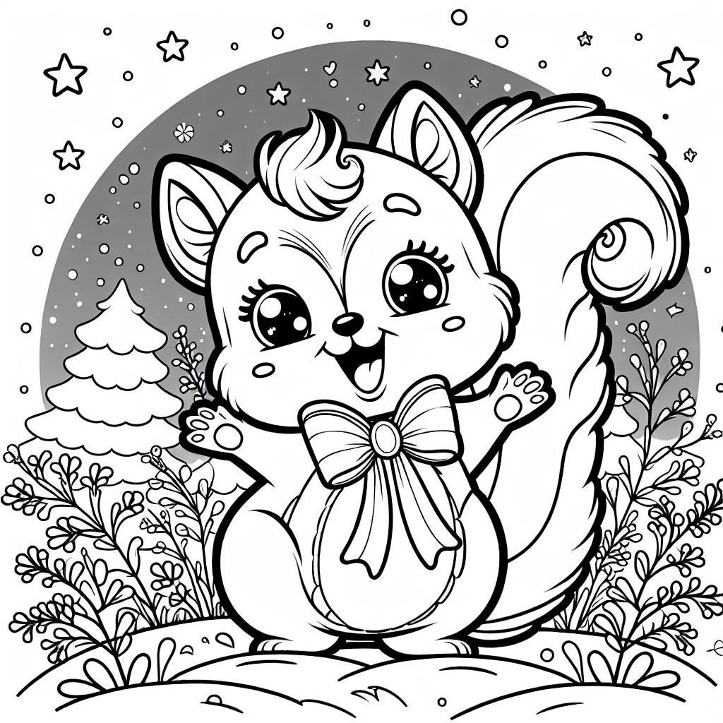 Fröhliches Eichhörnchen-Abenteuer - Eichhörnchen, Winterlandschaft, Schnee, Abendhimmel, Sterne, Malspaß