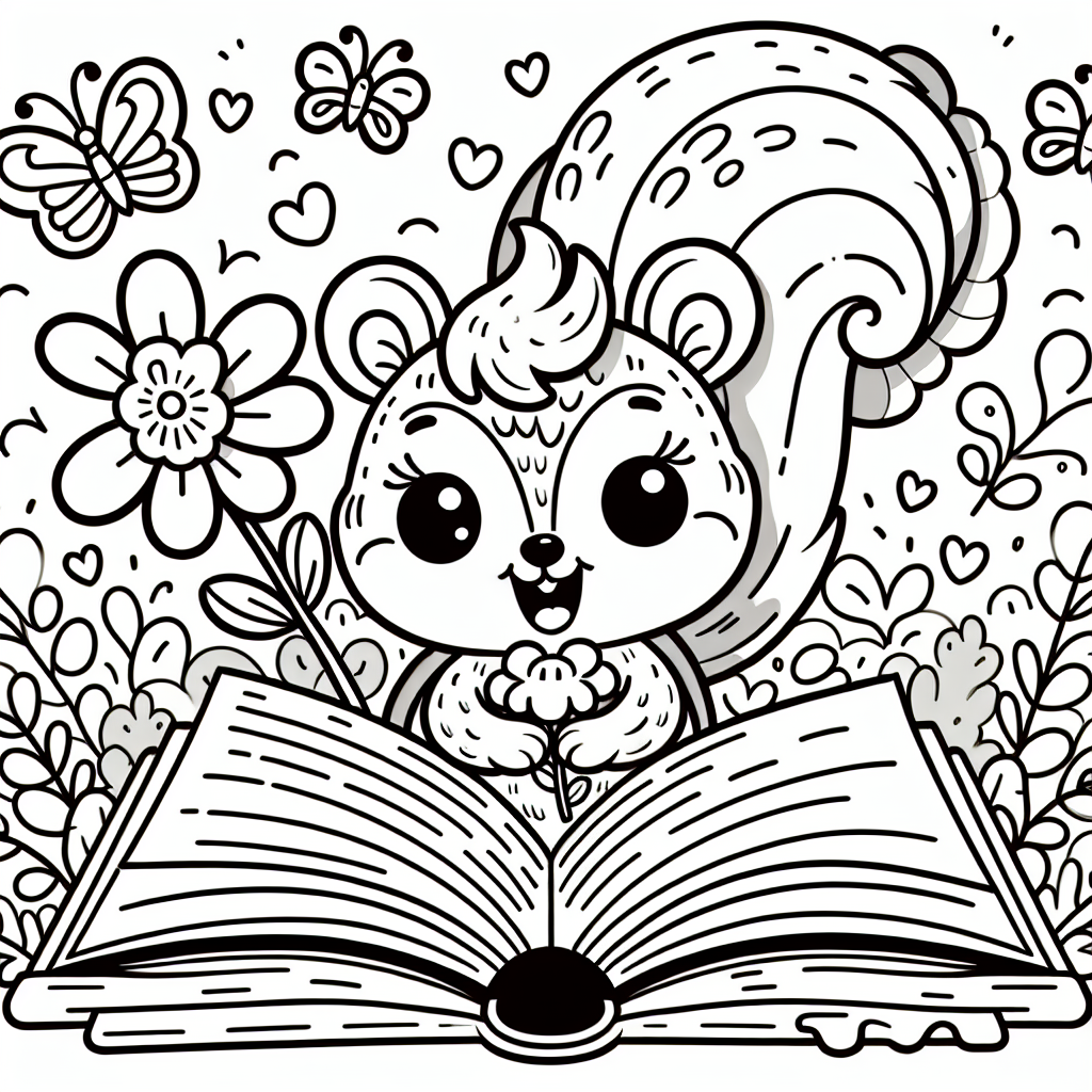 Neugieriger Leser - Tags: Eichhörnchen, Schmetterlinge, Blumen, Ausmalbild, Kreativität