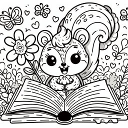 Neugieriger Leser - Tags: Eichhörnchen, Schmetterlinge, Blumen, Ausmalbild, Kreativität