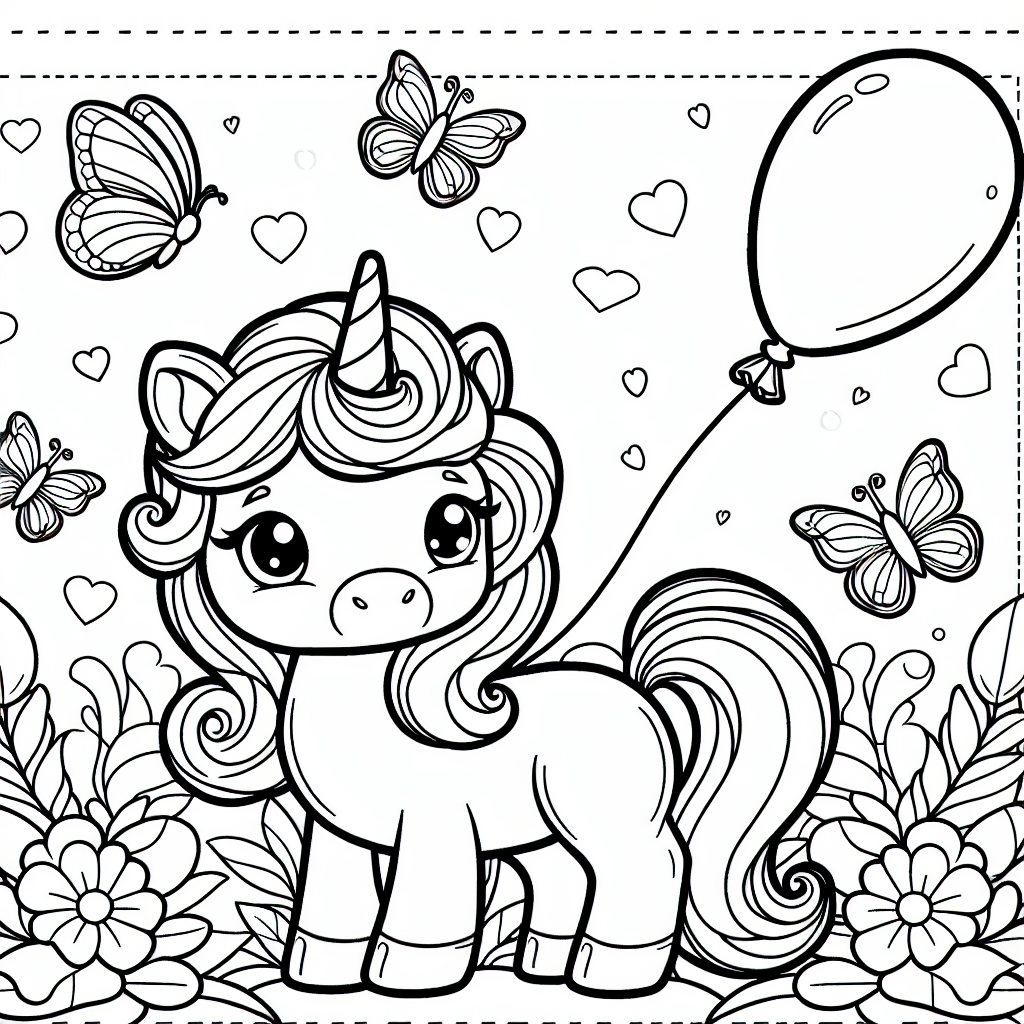 Tauche ein in eine zauberhafte Welt, in der Einhörner durch glitzernde Wälder streifen und Freundschaft in der Luft liegt! Auf diesem bezaubernden Ausmalbild siehst du ein niedliches Einhorn, das neugierig einen bunten Luftballon hält. Umgeben von flatternden Schmetterlingen, steht es auf einer Lichtung, die von magischen Sonnenstrahlen erhellt wird. Sein schimmerndes Horn reflektiert die Farben eines Regenbogens, der sich über den Himmel spannt und die gesamte Szenerie mit einem Hauch von Magie erfüllt.
Jeder Pinselstrich und jede Farbe, die du wählst, bringt dieses wundervolle Märchenreich weiter zum Leben. Stell dir vor, wie das Einhorn fröhlich mit seinen Schmetterlingsfreunden durch die duftenden Blumenwiesen galoppiert, während der Wind sanft durch seine Mähne streicht. Lass deiner Fantasie freien Lauf und erschaffe ein Bild voller Farben und Wunder, das die Magie des Augenblicks einfängt.
Dieses Ausmalbild mit seinen klaren schwarzen Linien ist perfekt, um die Kreativität zu entfalten und in die verträumte Welt der Einhörner einzutauchen. Viel Spaß beim Träumen und Ausmalen!