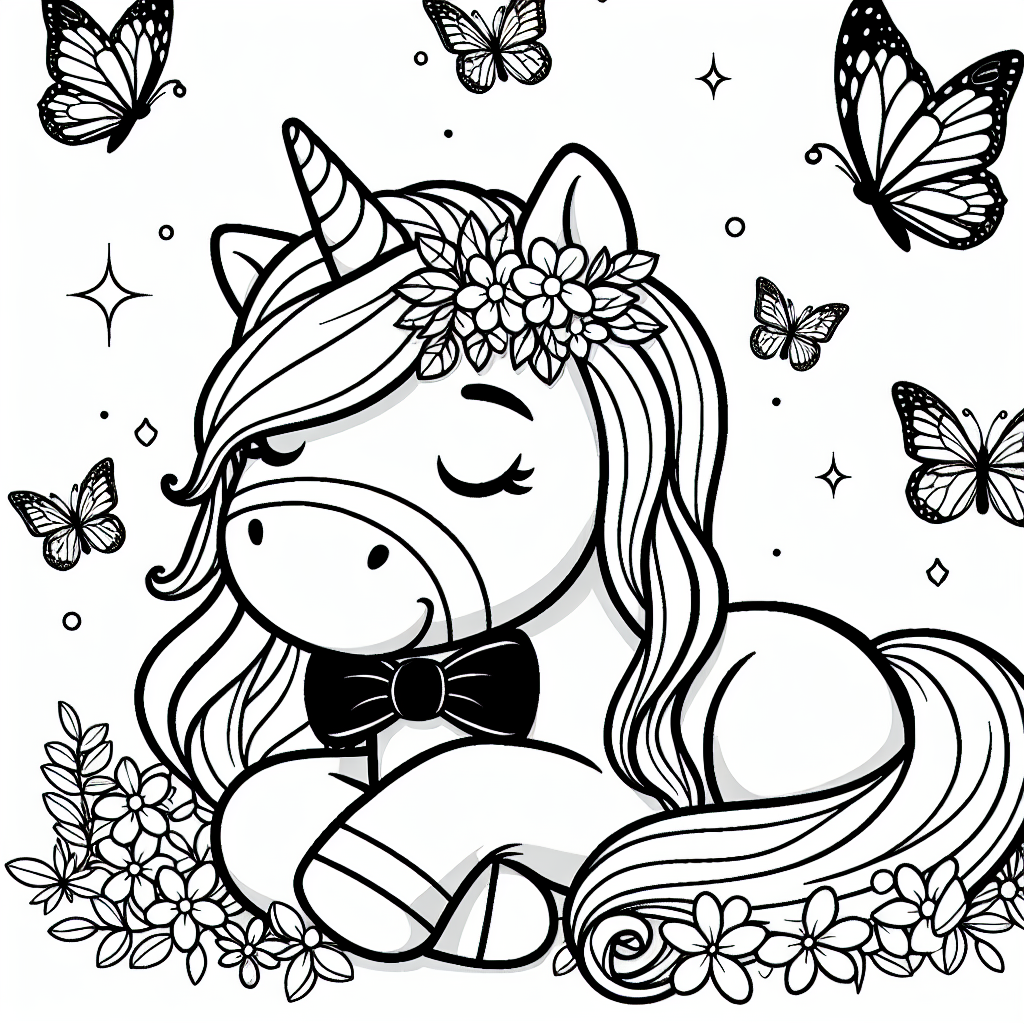 **Tauche ein in die magische Welt der Einhörner!**

Mach dich bereit für ein zauberhaftes Abenteuer mit deinem neuen Einhornfreund! Dieses besondere Einhorn trägt eine hübsche Schleife und ist von fröhlichen Schmetterlingen umgeben, die nur darauf warten, von dir in den schönsten Farben ausgemalt zu werden. Stell dir vor, wie das Einhorn im Regenbogenlicht eines magischen Waldes galoppiert. Sein glänzendes Horn funkelt in der Sonne und verbreitet ein bisschen Magie, wohin es auch geht.

Einhörner sind nicht nur wunderschön, sondern auch sehr freundlich. Sie lieben es, neue Freundschaften zu schließen und andere mit ihrer einzigartigen Magie glücklich zu machen. Wenn du dieses Bild ausmalst, kannst du dir ausdenken, was das Einhorn wohl gerade erlebt. Vielleicht spielt es mit seinen Schmetterlingsfreunden im Wald oder springt über einen glitzernden Bach? Lass deiner Fantasie freien Lauf und verwandle dieses Bild in dein eigenes farbenfrohes Märchen!

**Mini-Quiz:**

1. Was trägt das Einhorn auf dem Bild?
2. Welche Tiere sind neben dem Einhorn zu sehen?
3. In welchem magischen Ort könntest du dir vorstellen, dass das Einhorn lebt?