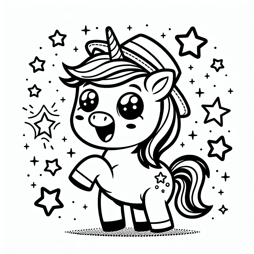 Tauche ein in die magische Welt der Farben mit unserem zauberhaften Ausmalbild: Ein aufgeregtes Einhorn in einer schneidigen Mütze, umgeben von funkelnden Sternen! Dieses Bild lädt kleine Künstler ein, ihrer Fantasie freien Lauf zu lassen und das Einhorn in schillernden Farben zu gestalten. Mit seinem majestätischen Horn, das perfekt für einen leuchtenden Regenbogen oder glitzernde Schattierungen ist, wartet das Einhorn darauf, mit Leben erfüllt zu werden.

Stell dir vor, wie es durch einen verwunschenen Wald galoppiert, wo Freundschaft und Magie Hand in Hand gehen. Vielleicht triffst du unterwegs ein paar Waldelfen oder spielst Verstecken mit einem Kobold? Verwende glänzendes Gelb für die Sterne und setze kräftige Blautöne für die Mütze ein, damit sie richtig strahlend zur Geltung kommt.

Probiere verschiedene Farben für das Einhorn aus - vielleicht wird es ein schimmerndes Pink, ein auffälliges Grün oder ein zauberhaftes Lila? Mit den klaren, schwarzen Linien ist das Ausmalen kinderleicht. Also, schnapp dir deine Stifte und bring das Einhorn und seine magische Welt zum Leuchten!