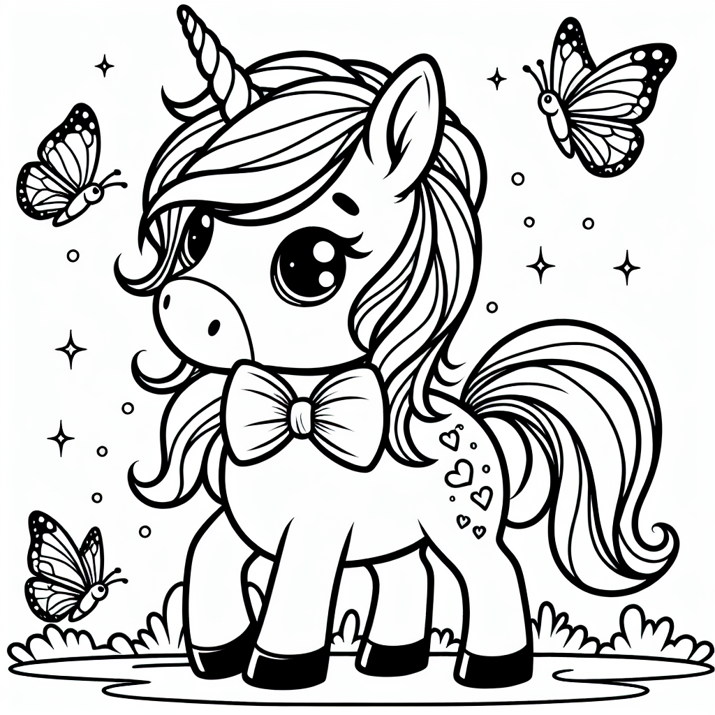 In einem magischen Wald, wo Regenbögen wie Brücken zwischen den Bäumen schweben, lebte ein neugieriges Einhorn namens Flitz. Flitz war nicht irgendein Einhorn, sondern ein besonders neugieriges, mit einer leuchtend bunten Fliege um den Hals. Eines Tages, während Flitz durch den Wald streifte, entdeckte es eine Gruppe fröhlicher Schmetterlinge, die in der Luft tanzten.

„Was macht ihr denn da?“, fragte Flitz neugierig. Die Schmetterlinge kicherten und sagten: „Wir malen die Luft mit unseren Farben! Willst du mitmachen?“ Flitz freute sich und brachte mit seinem magischen Horn Farben aus dem Regenbogen herbei. Gemeinsam begannen sie, die Luft in den prächtigsten Farben zu bemalen.

Flitz und die Schmetterlinge arbeiteten den ganzen Tag, und schon bald war der Wald in ein fantastisches Farbenspiel getaucht. Von Goldgelb bis Himmelblau - jedes Blatt und jeder Strauch schimmerte in neuen Tönen. Die Freundschaft zwischen Flitz und den Schmetterlingen wuchs mit jedem Pinselstrich.

Wenn du dieses Bild ausmalst, kannst du Flitz mit den magischsten Farben deiner Fantasie gestalten. Vielleicht wird sein Horn regenbogenfarben oder die Schmetterlinge in einer Farbe, die du noch nie zuvor gesehen hast!