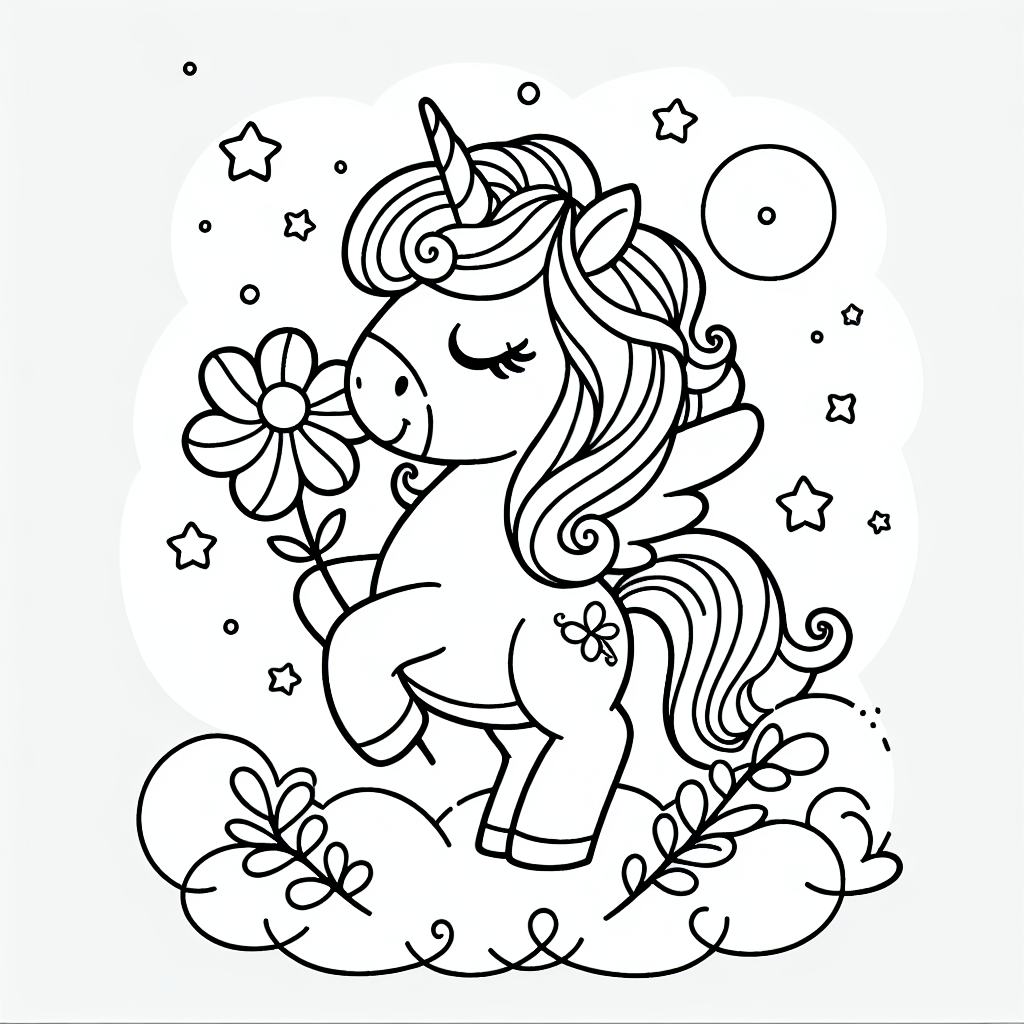 Um deinem Einhorn-Bild Leben einzuhauchen, beginne mit dem Horn: Verwende schimmernde Gold- oder Silberfarben, um seine magische Kraft zu betonen. Eine feine Schicht Glitzer kann dem Horn zusätzlichen Glanz verleihen. Für das Einhorn selbst sind Pastelltöne ideal, um seine sanfte und freundliche Natur zur Geltung zu bringen. Du könntest das Fell in einem zarten Rosa, Himmelblau oder Lavendel gestalten.
Da das Einhorn eine Blume hält, färbe diese in leuchtenden Farben wie Rot oder Gelb, um die Freude und Schönheit der Natur widerzuspiegeln. Die Sterne ringsherum laden zu einem funkelnden Regenbogen ein - versuche, sie in den Farben des Regenbogens zu gestalten, um eine zauberhafte Atmosphäre zu schaffen.
Um die Fantasie anzuregen, stelle dir vor, dass das Einhorn in einem magischen Wald lebt. Male den Hintergrund in sanften Grüntönen, um die Freundschaft zwischen dem Einhorn und der Natur zu unterstreichen. Du könntest auch kleine Regenbögen oder fliegende Funken um das Einhorn herum hinzufügen, um die Magie zu betonen.
Lasse deiner Kreativität freien Lauf und erschaffe ein Kunstwerk, das Freundschaft, Magie und die Schönheit eines fantastischen Waldes vereint!