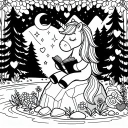 Mutiges Einhornmärchen - Einhorn lesen, Regenbogenmähne, Waldrand Abenddämmerung, Buch Abenteuer