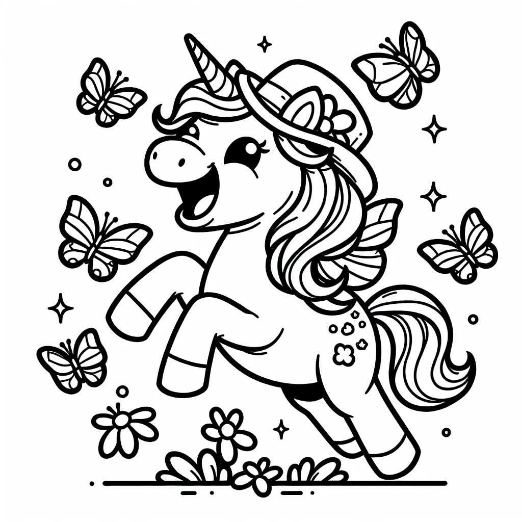 Mach dein Einhorn-Bild zu einem magischen Kunstwerk, indem du mit kräftigen und fröhlichen Farben spielst! Beginne mit dem Einhorn-Horn: Verwandle es in einen schillernden Regenbogen, indem du jede Sektion in einer anderen Farbe ausmalst. Das sorgt für einen zauberhaften Effekt. Der Hut auf dem Kopf des Einhorns kann in einer lustigen, kontrastierenden Farbe gestaltet werden, vielleicht ein leuchtendes Pink oder ein freches Türkis. Um die Schmetterlinge besonders lebendig wirken zu lassen, kannst du sie in verschiedenen Tönen ausmalen, die an einen sonnigen Wald erinnern, wie lebhaftes Grün, strahlendes Gelb und kräftiges Orange.
Nutze Glitzerstifte oder -kleber, um deinem Bild einen Hauch von Magie zu verleihen und Bereiche wie das Horn oder die Flügel der Schmetterlinge hervorzuheben. Um das Thema Freundschaft darzustellen, könntest du kleine Herzchen in den Hintergrund malen oder das Einhorn so ausmalen, dass es aussieht, als ob es seine Umgebung mit den Schmetterlingen teilt. Experimentiere mit Punkten und Streifen auf dem Körper des Einhorns, um ein einzigartiges Muster zu schaffen, das deinem Kunstwerk eine persönliche Note gibt.