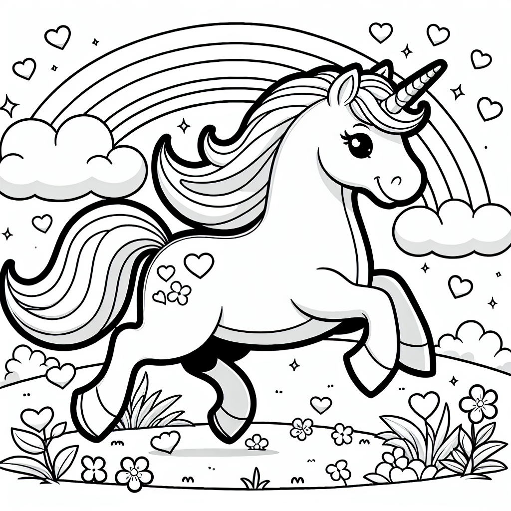 Fröhliches Einhorn im Frühlingshüpfer - Einhorn, Regenbogen, Frühlingstag, Ausmalbild, Glitzersterne