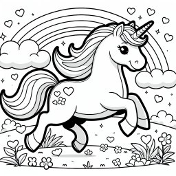 Fröhliches Einhorn im Frühlingshüpfer - Einhorn, Regenbogen, Frühlingstag, Ausmalbild, Glitzersterne