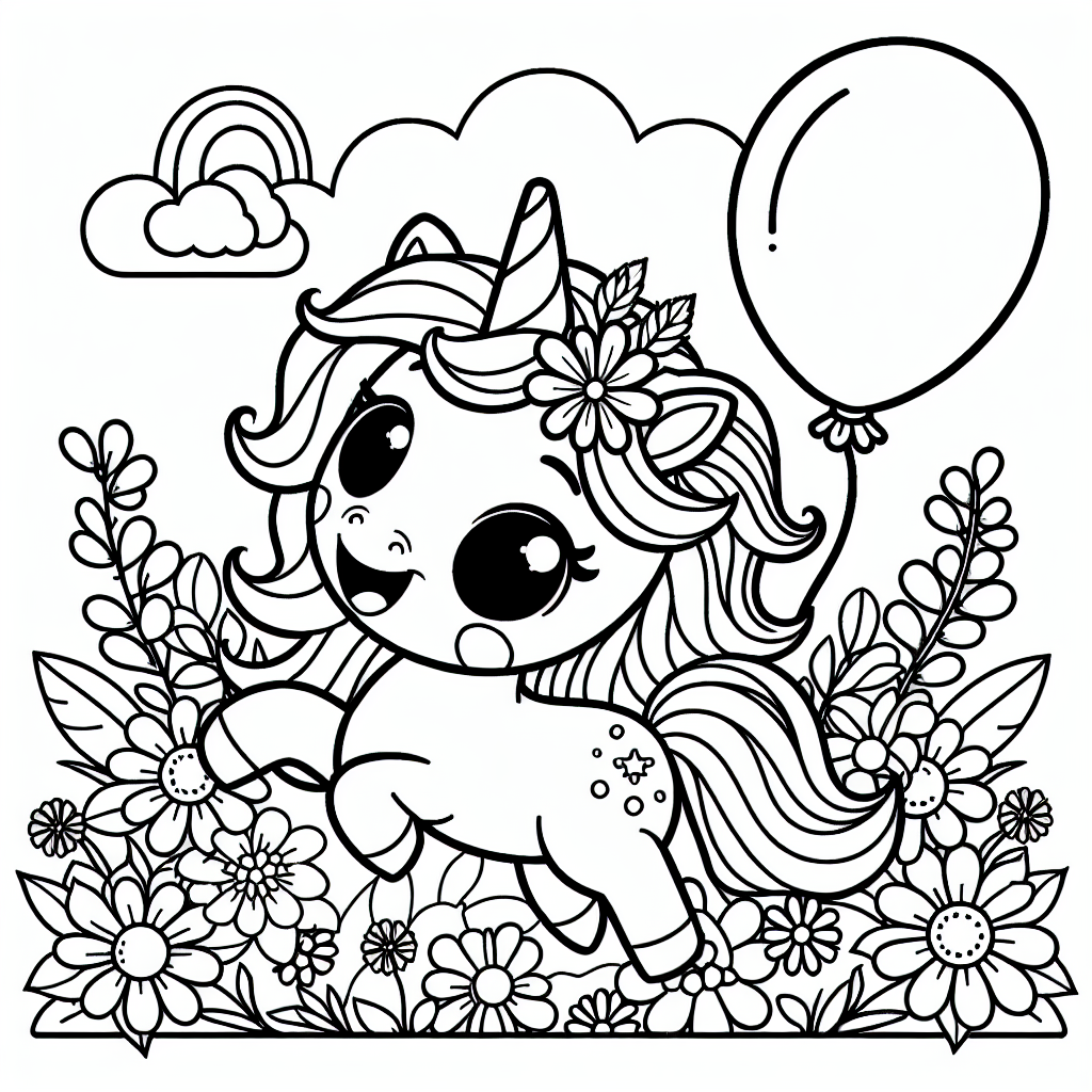 Tauche ein in das zauberhafte Reich der Einhörner, wo Magie in der Luft liegt und bunte Träume Wirklichkeit werden! Auf diesem besonderen Ausmalbild erwartet dich ein fröhliches Einhorn, dessen goldenes Horn im Sonnenlicht glitzert. Es schwebt sanft über einer bunten Blumenwiese, während es einen leuchtenden Luftballon in der Huf hält - ein Geschenk von seinen treuen Freunden aus dem zauberhaften Wald. In dieser Welt voller Wunder ist jeder Regenbogen ein Zeichen der Freundschaft und Hoffnung. Die klaren, kräftigen Linien des Bildes laden dich ein, deiner Fantasie freien Lauf zu lassen. Werden die Blumen in Regenbogenfarben leuchten? Hat der Luftballon die Farbe des strahlenden Himmels oder das tiefe Blau eines geheimnisvollen Sees? Stelle dir vor, wie das Einhorn über funkelnde Flüsse springt und unter dem schützenden Blätterdach des Waldes friedlich ruht. Male das Bild aus und lasse die Magie der Einhörner Teil deiner Träume werden.
