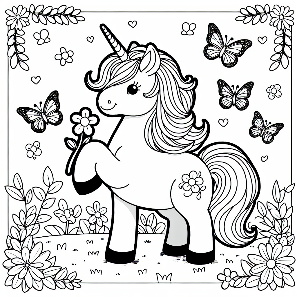 **Tauche ein in die magische Welt der Einhörner!**
Willkommen in der zauberhaften Welt der Einhörner! Hier kannst du ein bezauberndes Einhorn entdecken, das eine Blume im Maul hält und von fröhlichen Schmetterlingen umgeben ist. Einhörner sind mystische Wesen, die in vielen Geschichten und Legenden vorkommen. Man sagt, dass sie im tiefen, geheimnisvollen Wald leben, wo Magie allgegenwärtig ist.
Einhörner sind bekannt für ihr wunderschönes, spiralförmiges Horn, das auf ihrer Stirn thront. Dieses Horn soll magische Kräfte haben und kann alles Mögliche vollbringen, zum Beispiel Regenbögen erschaffen! Stell dir vor, wie das Einhorn mit seinen Freunden im Regen tanzt und dabei einen bunten Regenbogen zaubert, der den Himmel erleuchtet.
Ein weiterer wichtiger Aspekt der Einhörner ist ihre Freundschaft. Sie sind bekannt dafür, freundliche und treue Freunde zu sein, die immer füreinander da sind. Nimm deine Lieblingsfarben und verleihe diesem süßen Einhorn Leben! Vielleicht entscheidest du dich für ein pinkes Horn oder einen schillernden Regenbogen für die Mähne. Lass deiner Kreativität freien Lauf und gestalte deine eigene magische Geschichte.