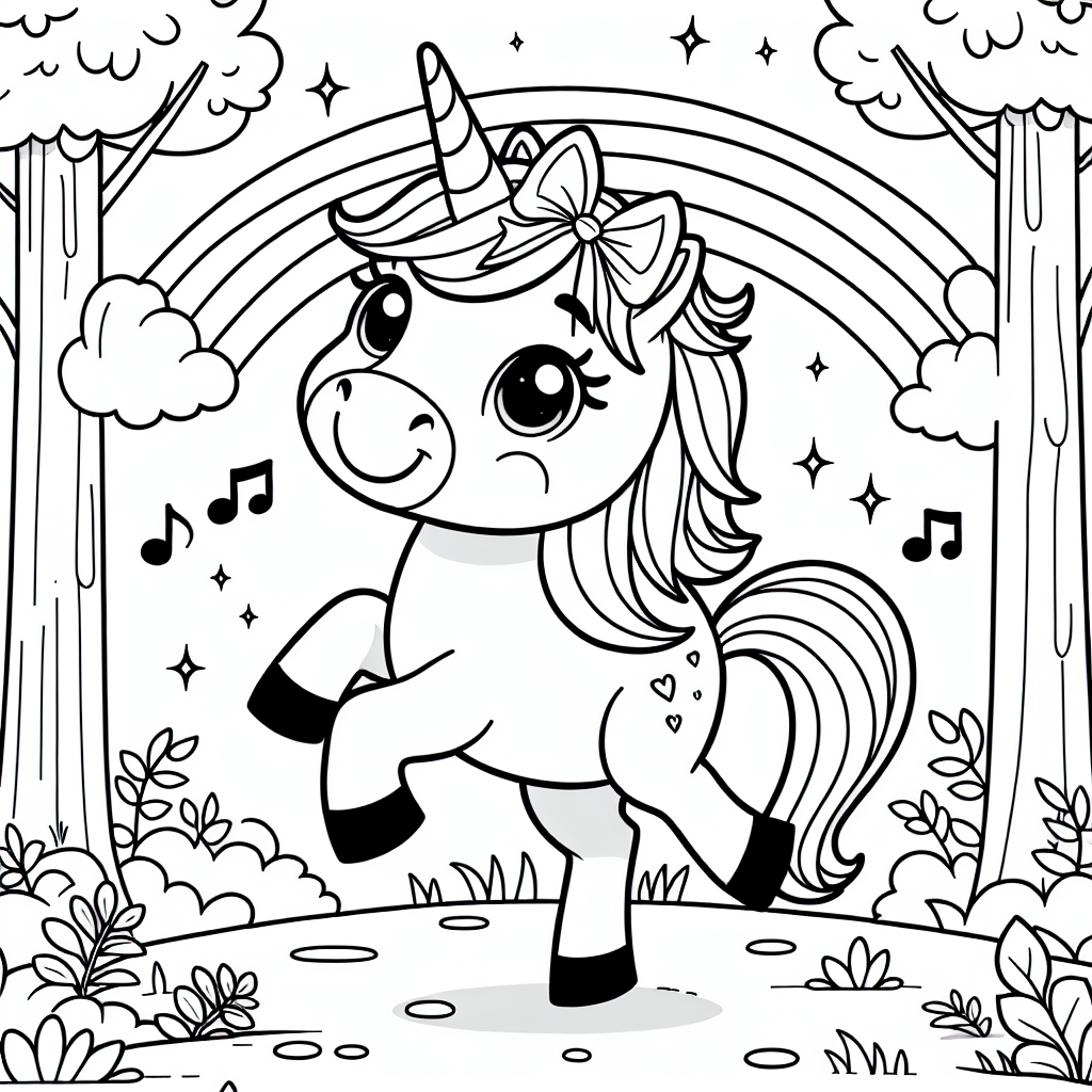 Fröhliches Einhorn am Morgen - Einhorn tanzen Herbstwald Morgenfrische Schleife Magie