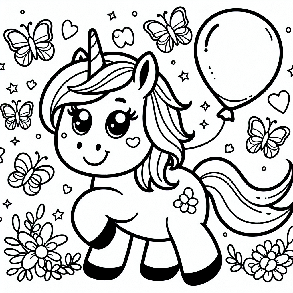Tauche ein in die zauberhafte Welt der Magie, in der Einhörner fröhlich mit bunten Ballons spielen und von Schmetterlingen umtanzt werden! Das Einhorn, das du ausmalen kannst, ist ein ganz besonderes Wesen. Sein glitzerndes Horn auf der Stirn ist ein Zeichen von Magie und Zauberkräften. Man sagt, Einhörner können Regenbögen erscheinen lassen und leben tief verborgen in geheimnisvollen Wäldern voller Wunder.

Wenn du dein Einhorn ausmalst, kannst du deiner Fantasie freien Lauf lassen. Vielleicht möchtest du es in den Farben des Regenbogens gestalten oder ihm eine einzigartige Farbe geben - ganz, wie es dir gefällt! Die klaren schwarzen Linien helfen dir dabei, nicht über den Rand zu malen, und die einfachen Formen machen es leicht, kreativ zu sein.

Wusstest du, dass Einhörner auch ein Symbol für Freundschaft sind? Sie sind oft die besten Freunde der Waldtiere und leben friedlich mit ihnen zusammen. Stell dir vor, wie dein Einhorn mit seinen Freunden im Wald spielt, während du die Szene mit deinen Lieblingsfarben zum Leben erweckst.

Viel Spaß beim Ausmalen und Entdecken der magischen Einhornwelt!