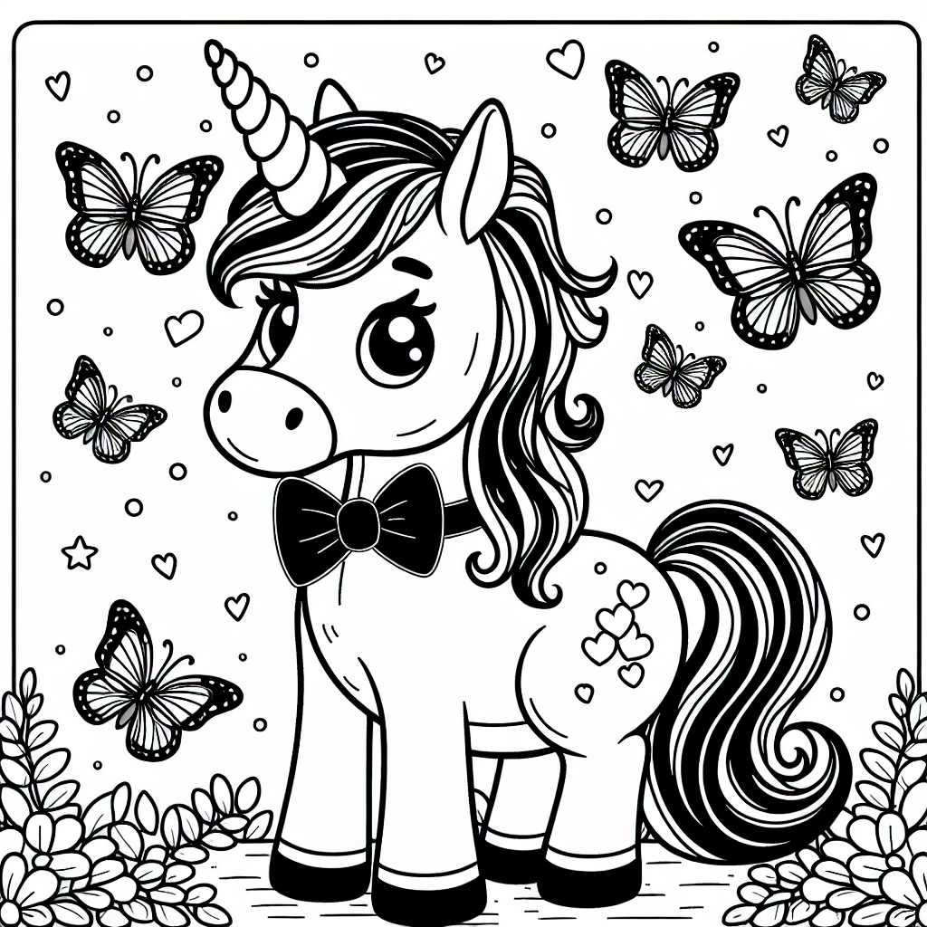 Willkommen in der zauberhaften Welt der Einhörner! Hier kannst du ein neugieriges Einhorn kennenlernen, das eine fröhliche Fliege um den Hals trägt. Dieses magische Wesen steht im Mittelpunkt eines lebendigen Bildes voller bunter Schmetterlinge, die um es herumflattern. Das Einhorn ist in einem geheimnisvollen Wald voller Abenteuer zuhause, wo es jeden Tag neue Freunde trifft.
Mit seinem glitzernden Horn kann das Einhorn die Farben des Regenbogens herbeizaubern und so für Spaß und Magie sorgen. Und weißt du was? Jetzt bist du an der Reihe, diesem Bild Farbe zu verleihen! Die dicken, schwarzen Umrisse machen es ganz leicht, innerhalb der Linien zu malen, und sorgen dafür, dass auch kleine Künstler ganz groß herauskommen.
### Mini-Quiz:
1. Welche Tiere fliegen um das Einhorn herum?
2. Was trägt das Einhorn um den Hals?
3. Welche Farbe hat der Regenbogen meist?
4. Wo lebt das Einhorn?
Nimm deine Lieblingsstifte und tauche ein in die Welt der Freundschaft und Fantasie. Dein Einhorn wartet darauf, von dir zum Leben erweckt zu werden!