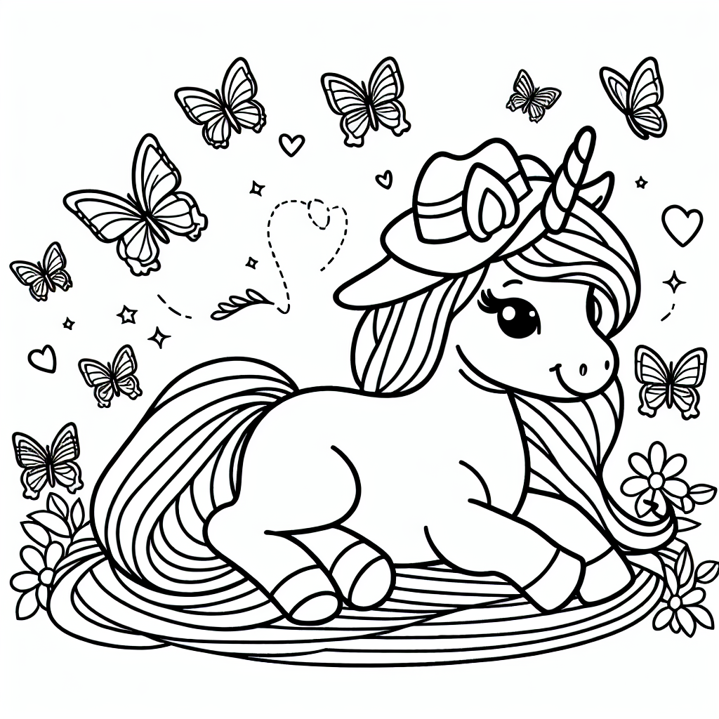 Betritt eine zauberhafte Welt voller Magie und Fantasie mit unserem einzigartigen Ausmalbild "Einhorn im Schmetterlingswirbel"! Hier triffst du auf ein bezauberndes Einhorn, das fröhlich zur Seite schaut, während es einen lustigen, verspielten Hut trägt. Rund um das Einhorn flattern kleine, farbenfrohe Schmetterlinge, die auf ein großes Abenteuer im magischen Wald einladen. Einhorn und Freunde scheinen geradewegs einem Regenbogen entsprungen zu sein, der die Luft mit geheimnisvollem Glanz erfüllt.
Das funkelnde Horn des Einhorns strahlt eine geheimnisvolle Magie aus, die nur darauf wartet, von dir in leuchtenden Farben zum Leben erweckt zu werden. Lass deiner Fantasie freien Lauf, indem du jede Linie mit bunten Pinselstrichen zum Strahlen bringst und die Schmetterlinge mit den Farben deiner Träume versiehst. Hier kannst du die Freundschaft zwischen Einhorn und Natur entdecken und jede Regenbogenfarbe nutzen, um deine eigene magische Geschichte zu erzählen.
Egal, ob du leuchtendes Gelb, zartes Rosa oder tiefes Blau wählst - dieses Bild ist deine Leinwand, deine magische Welt. Tauche ein und lass die Magie der Farben durch dich fließen!