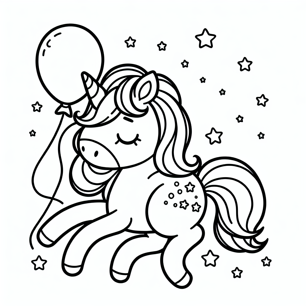 Es war einmal ein ruhiges Einhorn namens Luna, das in einem magischen Wald lebte. Luna war bekannt für ihr glitzerndes Horn, das im Sonnenlicht regenbogenfarbene Strahlen warf. Eines Tages entdeckte sie einen schwebenden Ballon, der durch den Wald flog. Neugierig griff Luna mit ihrem Horn danach und hielt ihn fest. Der Ballon hatte die Form eines leuchtenden Sterns und funkelte in den buntesten Farben.
Luna entschied, ihre Freunde, die Vögel und Eichhörnchen, zu einem gemütlichen Ausmalnachmittag einzuladen. "Lasst uns die Magie des Ballons auf Papier festhalten!", schlug sie vor. Während sie malten, erzählte Luna interessante Fakten über Einhörner: "Wusstet ihr, dass Einhörner schon seit Jahrhunderten als Symbol für Reinheit und Freundschaft gelten?"
Gemeinsam füllten sie das Bild von Luna mit lebhaften Farben aus. Die großen Formen und klaren Linien machten es leicht für alle, mit Freude kreativ zu werden. Der weiße Hintergrund ließ das Einhorn wirklich im Mittelpunkt stehen!
Am Ende des Tages funkelten nicht nur die Sterne, sondern auch die Freundschaft unter ihnen, und der Wald erstrahlte in magischen Farben.