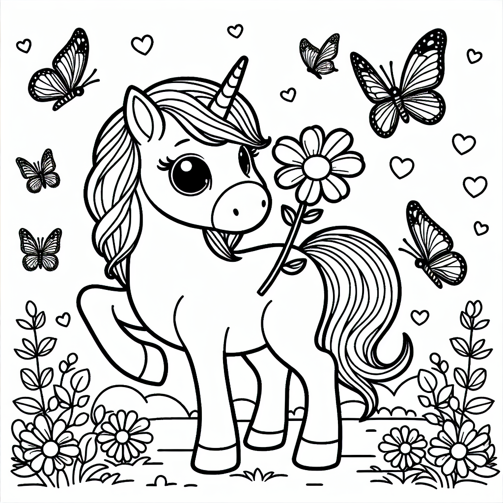 Um das niedliche Einhorn-Bild wirklich zum Leben zu erwecken, beginne mit der Wahl einer kreativen Farbpalette für das Einhorn selbst. Das Horn kann mit einem Verlauf aus goldenen und silbernen Tönen magisch strahlen. Wähle für die Mähne und den Schweif des Einhorns sanfte Regenbogentöne, die in fließendem Übergang von Farbe zu Farbe übergehen - das verleiht dem Bild eine zauberhafte Ausstrahlung. 

Bei den Schmetterlingen kannst du deiner Fantasie freien Lauf lassen: Lass sie in leuchtenden Farben wie Türkis, Violett oder Smaragdgrün fliegen, um das Bild lebendig wirken zu lassen. Die Blume, die das Einhorn neugierig betrachtet, könnte in einem kräftigen Rosarot oder einem sanften Lavendel gefärbt sein, um ihre Schönheit zu betonen.

Den Hintergrund kannst du als zauberhaften Wald gestalten, mit verschiedenen Grüntönen für das Laub und Hellbraun für Baumstämme. Streue kleine Details wie funkelnde Sterne oder winzige Regenbögen ein, um die magische Atmosphäre zu verstärken. Schließlich verschönere den Himmel mit einem sanften Blau, durchbrochen von weißen Wolken, um eine friedliche und freundschaftliche Stimmung zu schaffen.