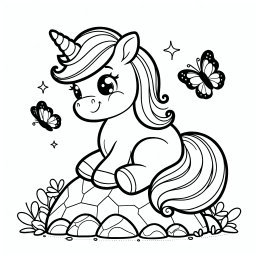Fröhlicher Schmetterflug – Tags: Einhorn, Magie, Regenbogen, Wald, Freundschaft.