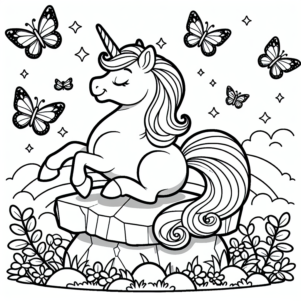 Tauche ein in eine magische Welt voller Farben und Fantasie! Auf diesem zauberhaften Ausmalbild erwartet dich ein fröhliches Einhorn, das es sich auf einem großen Felsen gemütlich gemacht hat. Um es herum flattern bunte Schmetterlinge, die das Bild lebendig und voller Freude erscheinen lassen. Das Einhorn, gezeichnet im lustigen Cartoon-Stil, strahlt nur so vor Glück und wartet darauf, von dir in den schönsten Farben des Regenbogens ausgemalt zu werden.

Stell dir vor, dieses Einhorn lebt in einem geheimnisvollen Wald, der von Magie erfüllt ist. Jeden Tag erlebt es neue Abenteuer und lernt viele wundervolle Freunde kennen. Sein glänzendes Horn funkelte im Sonnenlicht und hat eine besondere Kraft: Es kann die Bedeutung von wahrer Freundschaft sichtbar machen.

Aber jetzt ein kleines Rätsel: Dieses Einhorn ist oft der Star in fantastischen Geschichten. Es verbreitet Freude und Magie, wo immer es hingeht. Was lässt es am hellsten leuchten? Ist es der Glanz seines Horns, die Farben des Regenbogens oder die Kraft der Freundschaft? Male das Bild aus und finde es heraus!