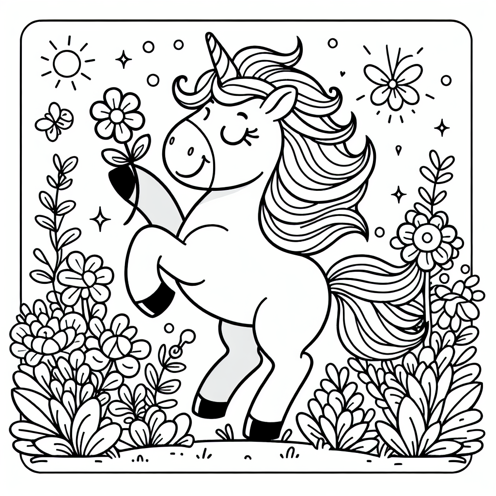 In einer farbenfrohen Welt, weit entfernt von unserer, lebt ein fröhliches Einhorn mit einem ganz besonderen Geheimnis. Dieses Einhorn, namens Glitzerstern, liebt Blumen über alles. Es hat jedoch eine Lieblingsblume, die es stets mit sich trägt. Kannst du erraten, welche das ist? Wenn du ganz genau hinsiehst, erkennst du, dass es die magische Regenbogenblume ist! Diese Blume strahlt in allen Farben des Regenbogens und verleiht dem Einhorn noch mehr Magie.
Glitzerstern lebt in einem verzauberten Wald, wo jede Blume eine eigene Geschichte erzählt. Seine besten Freunde, die Waldtiere, helfen ihm, diese Geschichten zu sammeln und zu bewahren. Das Horn des Einhorns leuchtet hell, wenn es Freundschaft und Freude spürt. Während du dein Bild ausmalst, kannst du dir vorstellen, welche Farben die Blumen, der Wald und das Einhorn haben könnten. Werden die Blumen blau und lila oder vielleicht rot und gelb sein? Vergiss nicht, dem Regenbogen über Glitzersterns Horn besondere Aufmerksamkeit zu schenken!
Mit jedem Strich deiner Farben erweckst du diese magische Szene zum Leben. Lass deiner Fantasie freien Lauf und tauche ein in die Welt der Farben mit Glitzerstern und seinen Freunden!