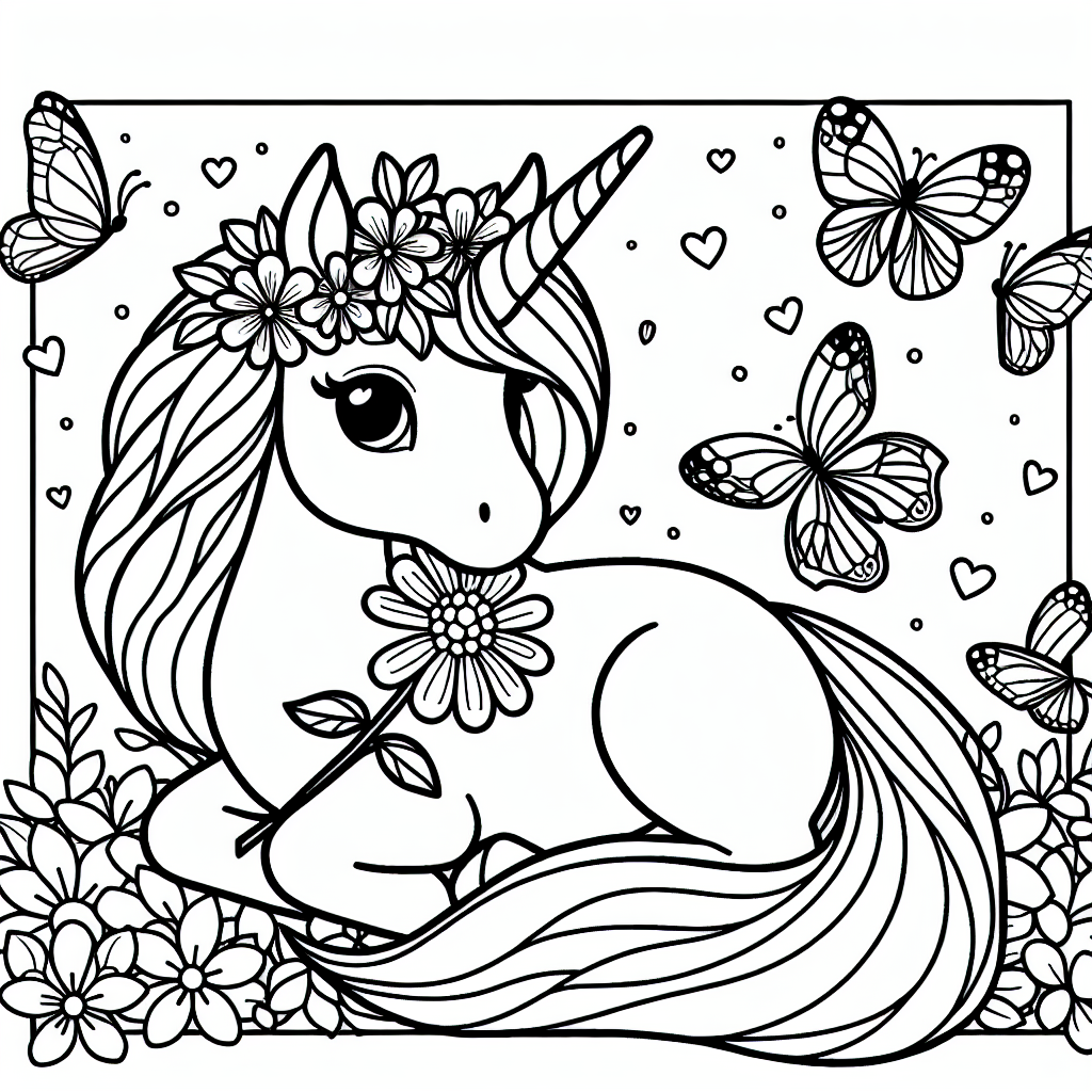 Willkommen in einer zauberhaften Welt, in der Träume wahr werden und Farben zum Leben erweckt werden! In diesem fabelhaften Ausmalbild erwartet dich eine Szene voller Magie und Fantasie: Ein schönes Einhorn mit einem glänzenden, spiralförmigen Horn erhebt sich majestätisch in einem geheimnisvollen Wald. Es hält eine zarte Blume im Maul, deren Blütenblätter bei jedem Windhauch sanft erzittern. 

Umgeben von einem Schwarm anmutiger Schmetterlinge, die wie tanzende Edelsteine um das Einhorn herumschweben, lädt dieses Bild kleine Künstler dazu ein, ihrer Kreativität freien Lauf zu lassen. Stell dir einen Regenbogen vor, der einen Bogen über den Himmel spannt, während die Farben des Waldes auf dem Papier erblühen. 

Dieses Bild ist mehr als nur eine Ausmalvorlage - es ist der Schlüssel zu einer Welt voller Freundschaft und Abenteuer. Die einfachen, klaren Linien machen es kinderleicht und sorgen für stundenlangen Malspaß. Lass deiner Fantasie freien Lauf und tauche ein in die Magie, die nur darauf wartet, von dir entdeckt zu werden!