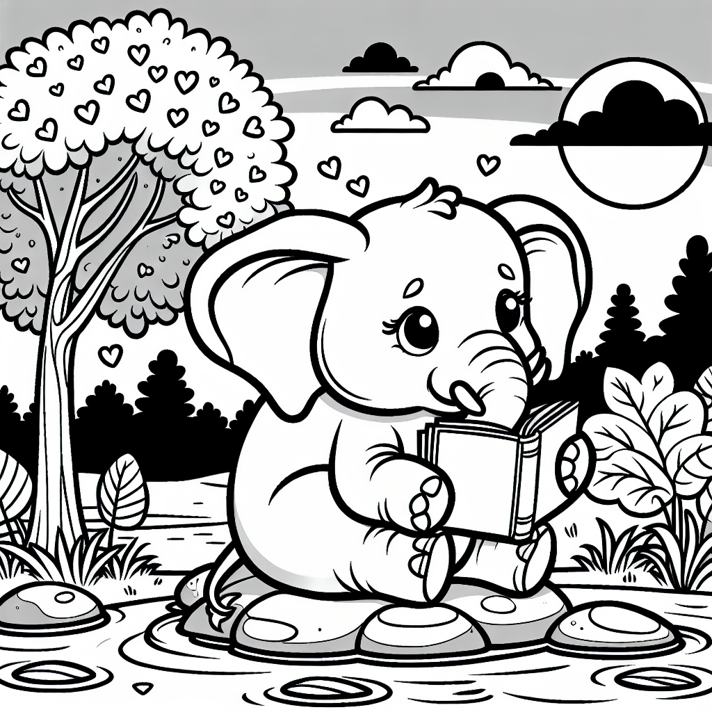 Neugieriger Elefant liest am See - Elefant am Seeufer, Lesender Elefant, Herbstfarben Ausmalen, Herzblätterbaum entdecken