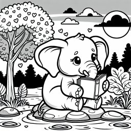 Neugieriger Elefant liest am See - Elefant am Seeufer, Lesender Elefant, Herbstfarben Ausmalen, Herzblätterbaum entdecken
